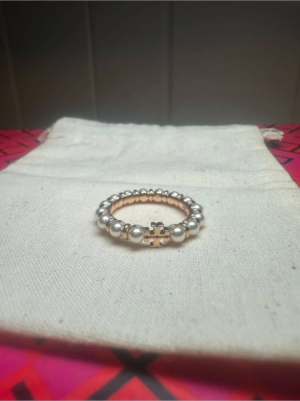 Tory Burch Logo Pearl Ring Size 7